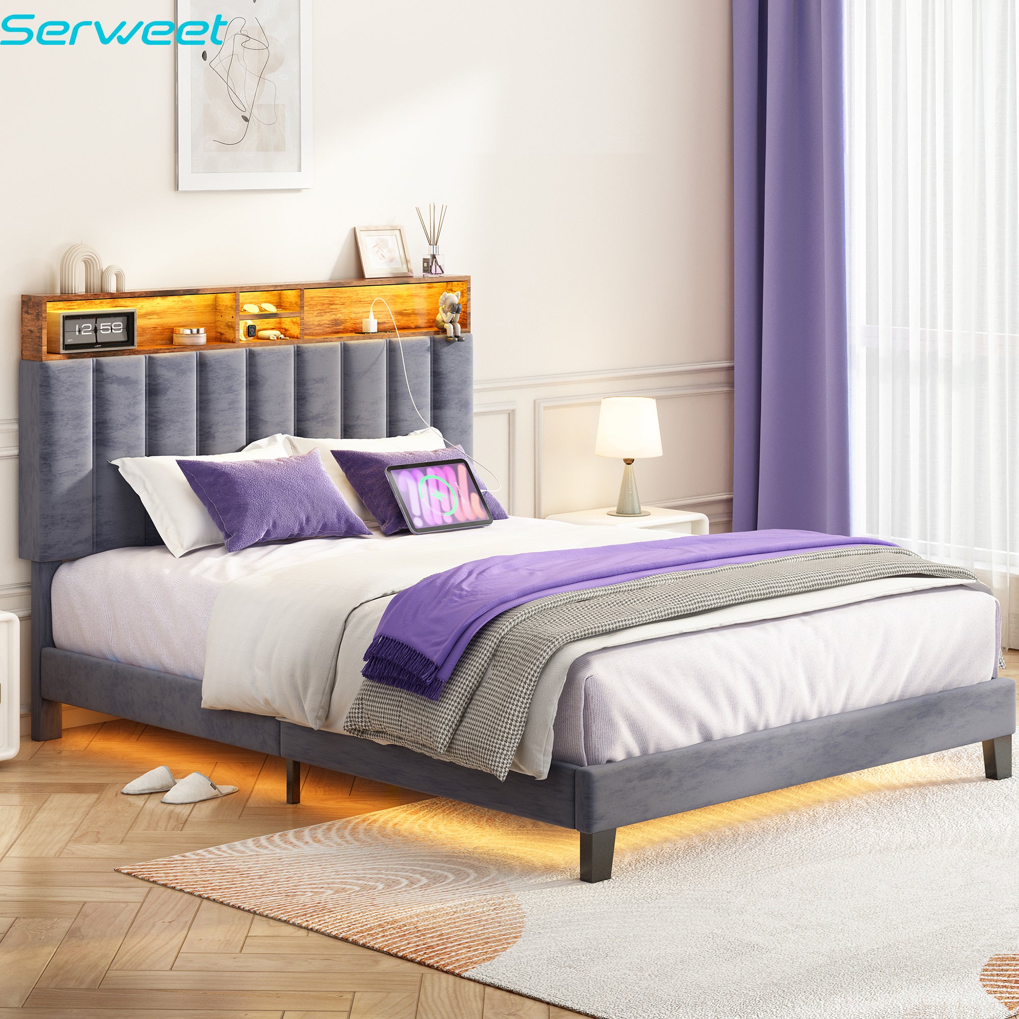 Serweet Wooden Platform Bed Frame with Storage Headboard