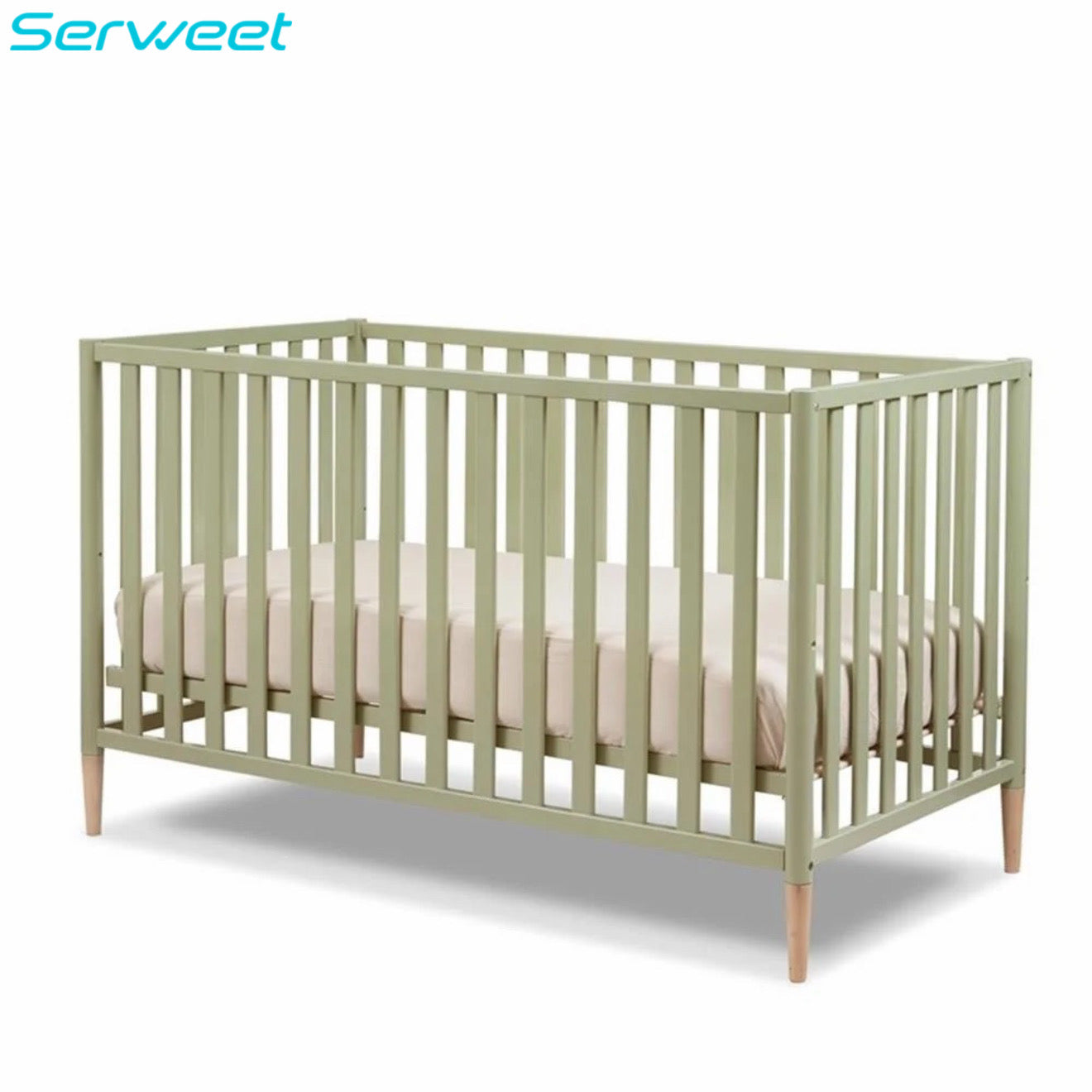 Serweet Mia 3-in-1 Convertible Crib, Solid European Beech Wood Baby Crib with Low-Profile Scandinavian Design, Water-Based Finish